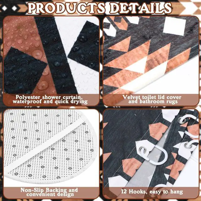 Alt view image 3 of 7 - FuWeave 8 Pcs Western Aztec Shower Curtain Set Geometric Vintage Bathroom Decor Boho Abstract Pattern Waterproof Shower Curtain Aztec Towels Non Slip Rug Toilet Lid Cover Bath Mat with 12 Hooks