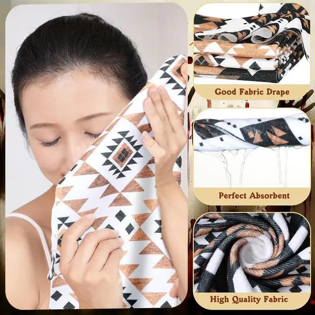 Alt view image 4 of 7 - FuWeave 8 Pcs Western Aztec Shower Curtain Set Geometric Vintage Bathroom Decor Boho Abstract Pattern Waterproof Shower Curtain Aztec Towels Non Slip Rug Toilet Lid Cover Bath Mat with 12 Hooks