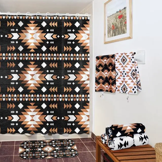 Alt view image 5 of 7 - FuWeave 8 Pcs Western Aztec Shower Curtain Set Geometric Vintage Bathroom Decor Boho Abstract Pattern Waterproof Shower Curtain Aztec Towels Non Slip Rug Toilet Lid Cover Bath Mat with 12 Hooks