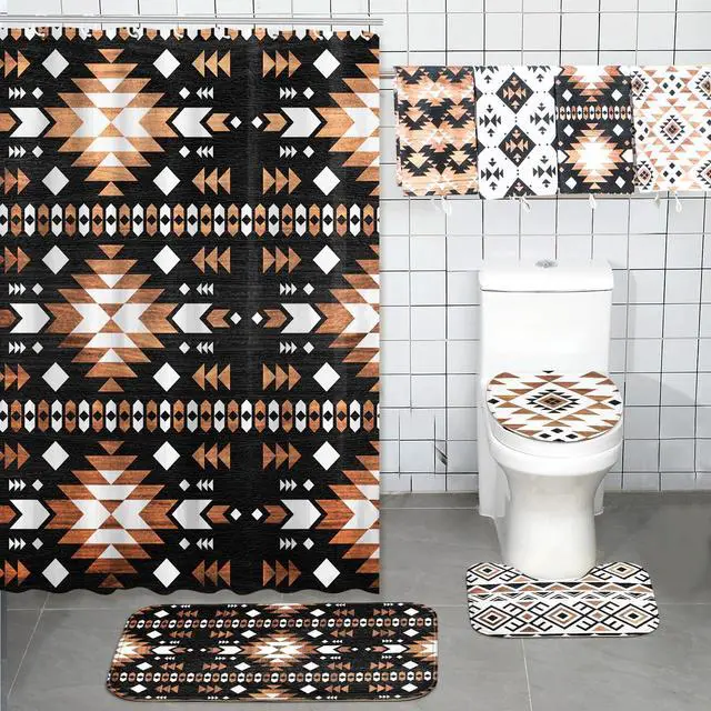 Alt view image 6 of 7 - FuWeave 8 Pcs Western Aztec Shower Curtain Set Geometric Vintage Bathroom Decor Boho Abstract Pattern Waterproof Shower Curtain Aztec Towels Non Slip Rug Toilet Lid Cover Bath Mat with 12 Hooks