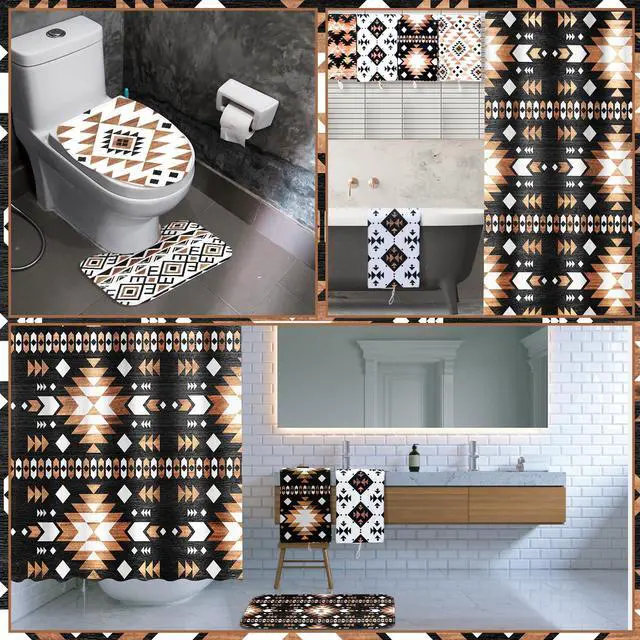 Alt view image 7 of 7 - FuWeave 8 Pcs Western Aztec Shower Curtain Set Geometric Vintage Bathroom Decor Boho Abstract Pattern Waterproof Shower Curtain Aztec Towels Non Slip Rug Toilet Lid Cover Bath Mat with 12 Hooks