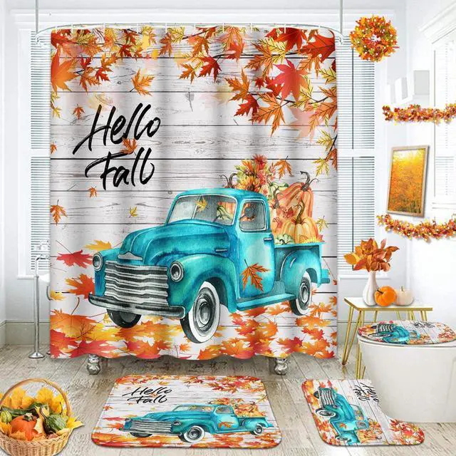 Main image of Bayson Hello Fall Truck Pumpkin 4PC Shower Curtain Set with Rugs Autumn Car Thanksgiving Bathroom Curtains Shower with Non-Slip Rug Toilet Lid Cover Bath Mat and 12 Hooks 72x72 inches