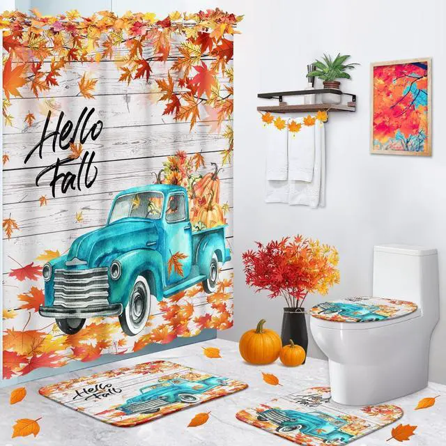 Alt view image 2 of 7 - Bayson Hello Fall Truck Pumpkin 4PC Shower Curtain Set with Rugs Autumn Car Thanksgiving Bathroom Curtains Shower with Non-Slip Rug Toilet Lid Cover Bath Mat and 12 Hooks 72x72 inches