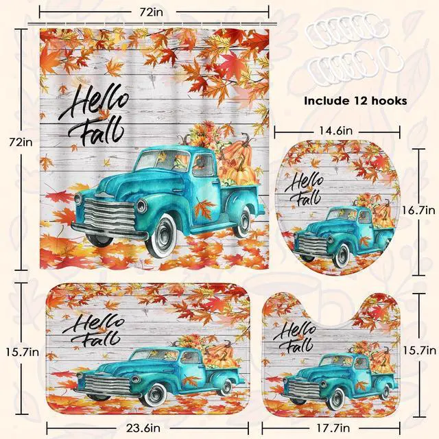 Alt view image 3 of 7 - Bayson Hello Fall Truck Pumpkin 4PC Shower Curtain Set with Rugs Autumn Car Thanksgiving Bathroom Curtains Shower with Non-Slip Rug Toilet Lid Cover Bath Mat and 12 Hooks 72x72 inches