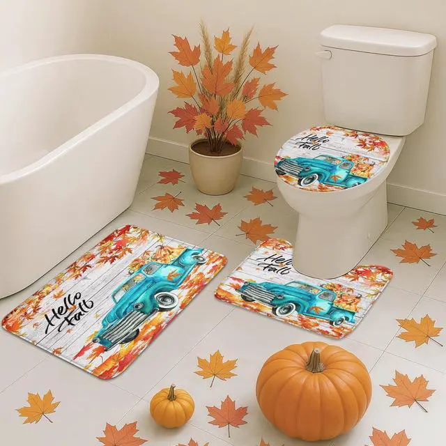 Alt view image 6 of 7 - Bayson Hello Fall Truck Pumpkin 4PC Shower Curtain Set with Rugs Autumn Car Thanksgiving Bathroom Curtains Shower with Non-Slip Rug Toilet Lid Cover Bath Mat and 12 Hooks 72x72 inches