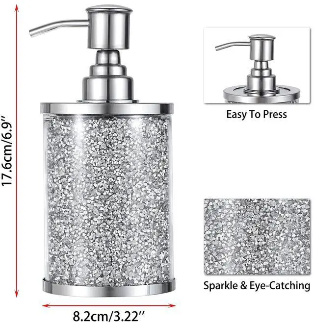 Alt view image 2 of 7 - JUXYES Sparky Glass Crushed Diamonds Soap Dispenser Bottle with Stainless Steel Pump, Luxurious Refillable Lotion Dispenser with Bling Rhinestone Decorative Soap and Lotion Hand Dispenser