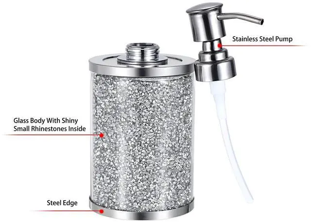 Alt view image 3 of 7 - JUXYES Sparky Glass Crushed Diamonds Soap Dispenser Bottle with Stainless Steel Pump, Luxurious Refillable Lotion Dispenser with Bling Rhinestone Decorative Soap and Lotion Hand Dispenser