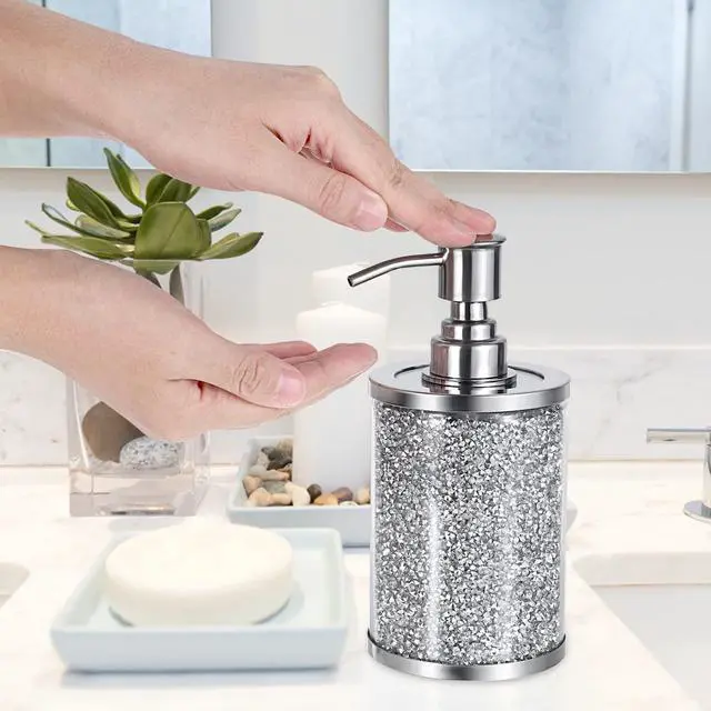 Alt view image 4 of 7 - JUXYES Sparky Glass Crushed Diamonds Soap Dispenser Bottle with Stainless Steel Pump, Luxurious Refillable Lotion Dispenser with Bling Rhinestone Decorative Soap and Lotion Hand Dispenser