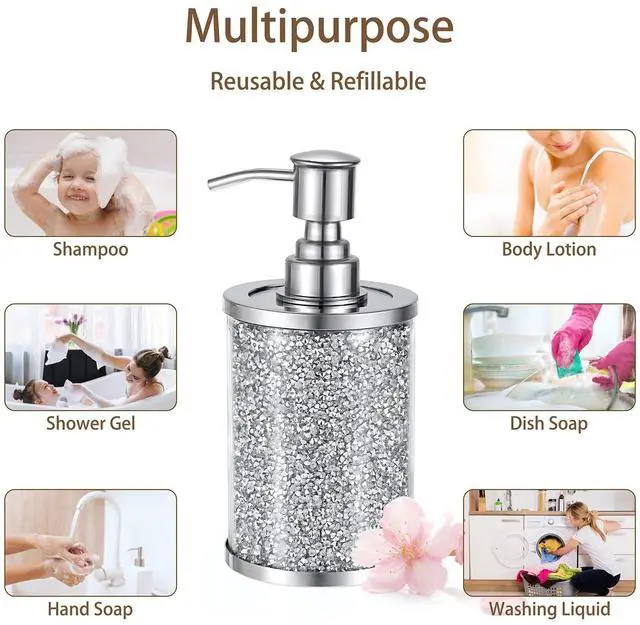 Alt view image 5 of 7 - JUXYES Sparky Glass Crushed Diamonds Soap Dispenser Bottle with Stainless Steel Pump, Luxurious Refillable Lotion Dispenser with Bling Rhinestone Decorative Soap and Lotion Hand Dispenser