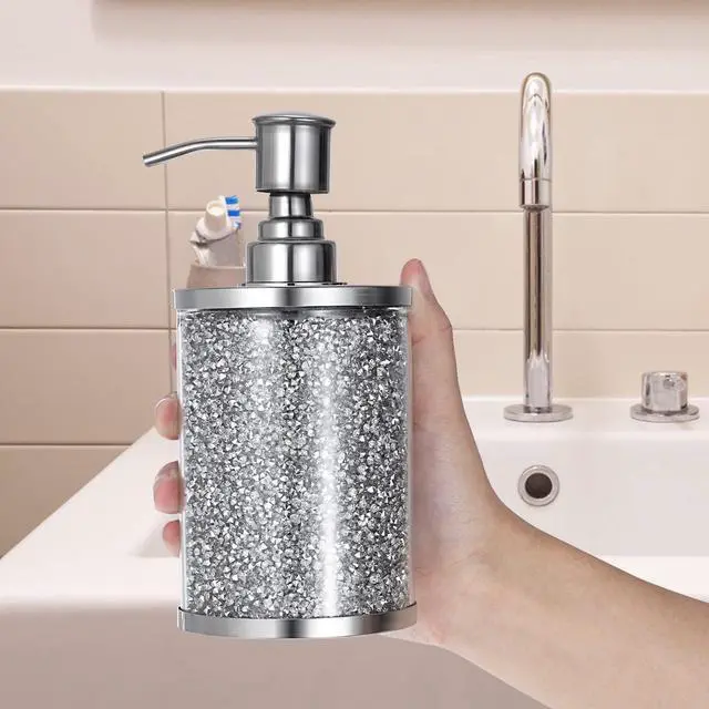 Alt view image 6 of 7 - JUXYES Sparky Glass Crushed Diamonds Soap Dispenser Bottle with Stainless Steel Pump, Luxurious Refillable Lotion Dispenser with Bling Rhinestone Decorative Soap and Lotion Hand Dispenser