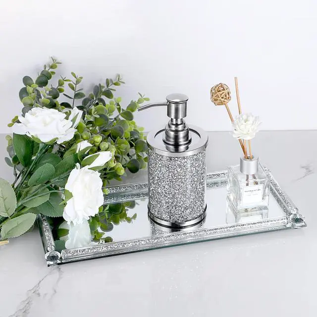Alt view image 7 of 7 - JUXYES Sparky Glass Crushed Diamonds Soap Dispenser Bottle with Stainless Steel Pump, Luxurious Refillable Lotion Dispenser with Bling Rhinestone Decorative Soap and Lotion Hand Dispenser