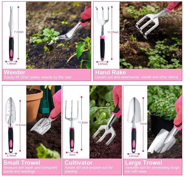 Alt view image 3 of 6 - Covacure Gardening Tool Set - 11 Piece Aluminum Alloy Steel Hand Tool Starter Kit with Garden Bag, Outdoor Tool, Heavy Duty Gardening Work Set, Gardening Tools Gift for Women and MenPink