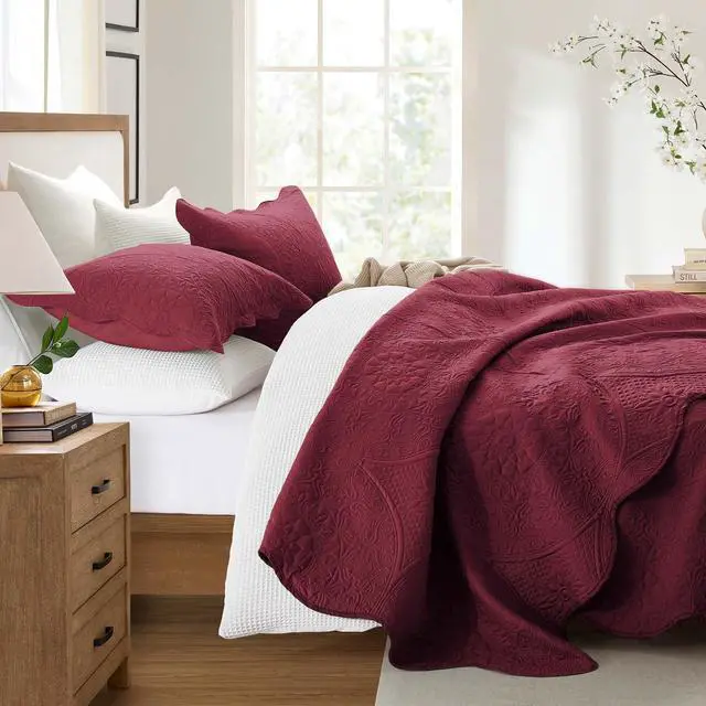 Alt view image 2 of 7 - IR Imperial Rooms Queen Quilt Bedding Set Size (90" x 96") + 2 Pillow Shams (20" x 26"+ 2") - 3 Pcs All Season Lightweight Reversible Microfiber Coverlet Floral Embossed Quilt Bedspread (Burgundy)