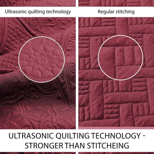 Alt view image 4 of 7 - IR Imperial Rooms Queen Quilt Bedding Set Size (90" x 96") + 2 Pillow Shams (20" x 26"+ 2") - 3 Pcs All Season Lightweight Reversible Microfiber Coverlet Floral Embossed Quilt Bedspread (Burgundy)