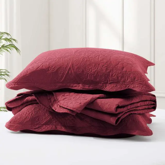 Alt view image 6 of 7 - IR Imperial Rooms Queen Quilt Bedding Set Size (90" x 96") + 2 Pillow Shams (20" x 26"+ 2") - 3 Pcs All Season Lightweight Reversible Microfiber Coverlet Floral Embossed Quilt Bedspread (Burgundy)