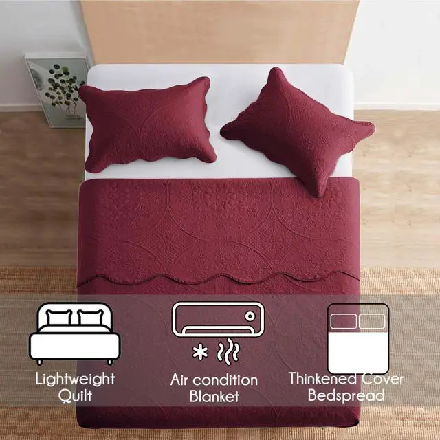 Alt view image 7 of 7 - IR Imperial Rooms Queen Quilt Bedding Set Size (90" x 96") + 2 Pillow Shams (20" x 26"+ 2") - 3 Pcs All Season Lightweight Reversible Microfiber Coverlet Floral Embossed Quilt Bedspread (Burgundy)