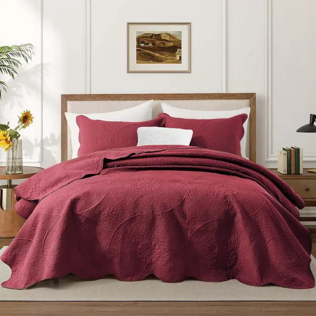 Main image of IR Imperial Rooms Queen Quilt Bedding Set Size (90" x 96") + 2 Pillow Shams (20" x 26"+ 2") - 3 Pcs All Season Lightweight Reversible Microfiber Coverlet Floral Embossed Quilt Bedspread (Burgundy)