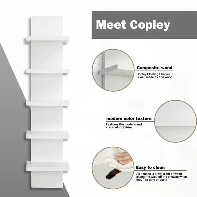 Alt view image 5 of 7 - Homaterial 5 Tier Wall Shelf Unit,White Vertical Floating Shelf-Narrow Decorative Wall Mount Modern Wall Decor Shelves for Bedrooms, Living Rooms 5.5"