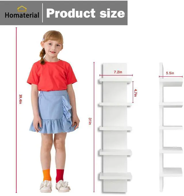Alt view image 3 of 7 - Homaterial 5 Tier Wall Shelf Unit,White Vertical Floating Shelf-Narrow Decorative Wall Mount Modern Wall Decor Shelves for Bedrooms, Living Rooms 5.5"