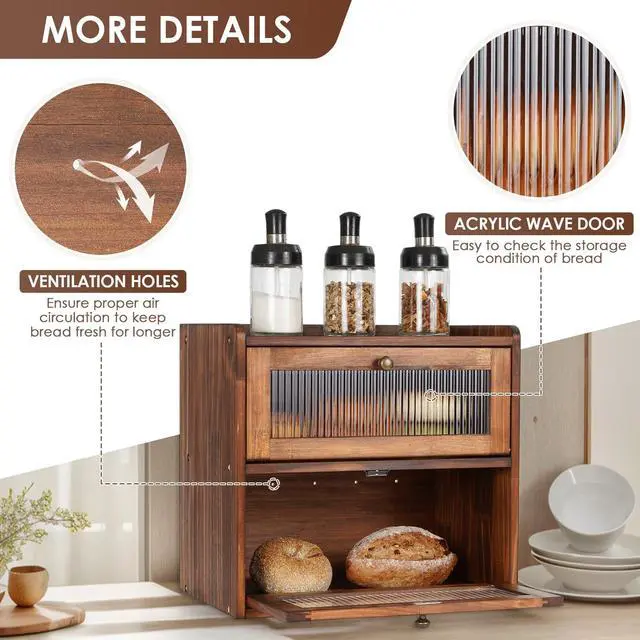 Alt view image 2 of 7 - Sunhoo Bread Box for Kitchen Countertop Wooden Bread Storage Container Bin 2 Layer Breadbox Holder Large Capacity Keeper Vintage Farmhouse Food Organizer Pantry Shelf Acrylic Window (Brown)