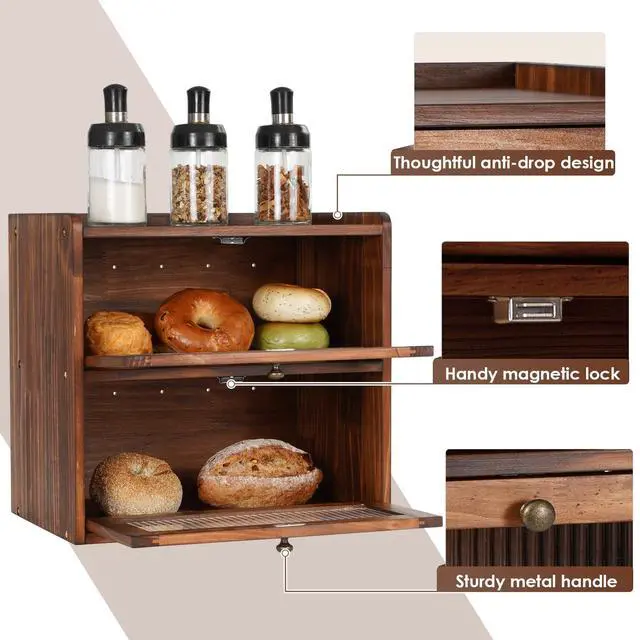 Alt view image 3 of 7 - Sunhoo Bread Box for Kitchen Countertop Wooden Bread Storage Container Bin 2 Layer Breadbox Holder Large Capacity Keeper Vintage Farmhouse Food Organizer Pantry Shelf Acrylic Window (Brown)