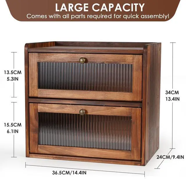 Alt view image 4 of 7 - Sunhoo Bread Box for Kitchen Countertop Wooden Bread Storage Container Bin 2 Layer Breadbox Holder Large Capacity Keeper Vintage Farmhouse Food Organizer Pantry Shelf Acrylic Window (Brown)
