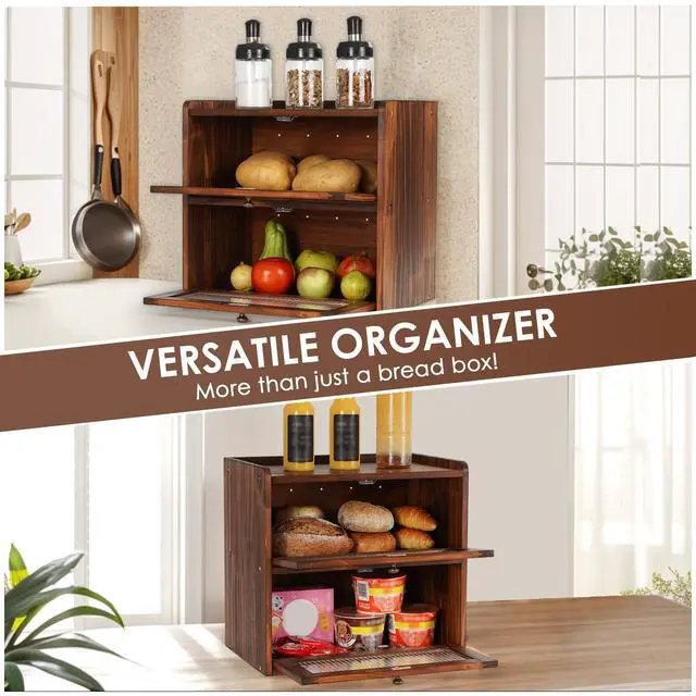 Alt view image 5 of 7 - Sunhoo Bread Box for Kitchen Countertop Wooden Bread Storage Container Bin 2 Layer Breadbox Holder Large Capacity Keeper Vintage Farmhouse Food Organizer Pantry Shelf Acrylic Window (Brown)