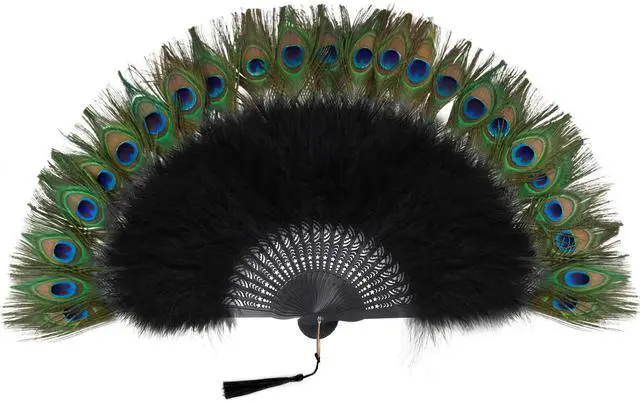 Main image of BABEYOND Roaring 20s Vintage Style Peacock & Black Marabou Feather Fan Flapper Accessories for Costume Halloween Dancing Party Tea Party Variety Show (Black-Black Rib)