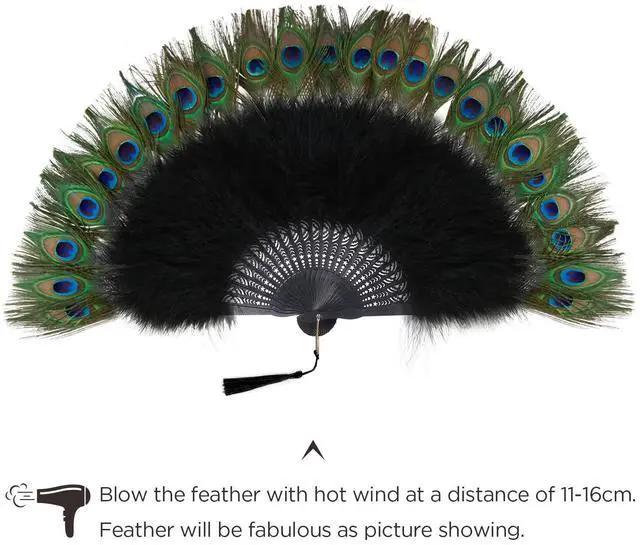 Alt view image 5 of 7 - BABEYOND Roaring 20s Vintage Style Peacock & Black Marabou Feather Fan Flapper Accessories for Costume Halloween Dancing Party Tea Party Variety Show (Black-Black Rib)