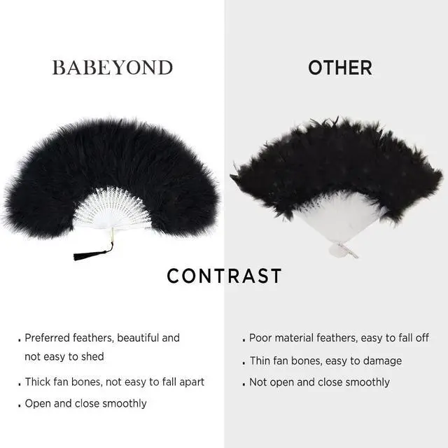 Alt view image 7 of 7 - BABEYOND Roaring 20s Vintage Style Peacock & Black Marabou Feather Fan Flapper Accessories for Costume Halloween Dancing Party Tea Party Variety Show (Black-Black Rib)