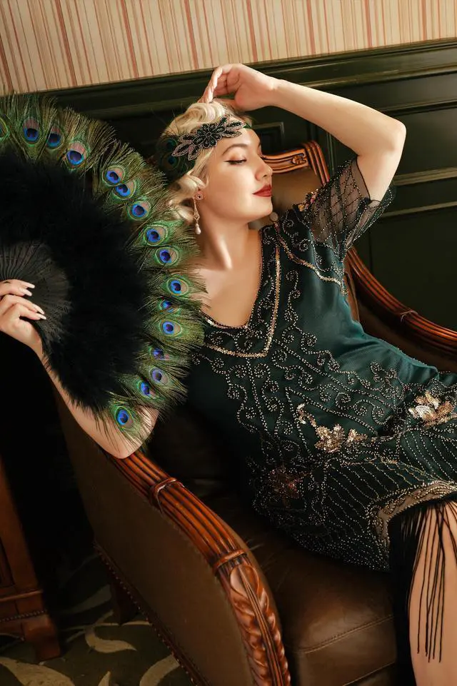 Alt view image 4 of 7 - BABEYOND Roaring 20s Vintage Style Peacock & Black Marabou Feather Fan Flapper Accessories for Costume Halloween Dancing Party Tea Party Variety Show (Black-Black Rib)