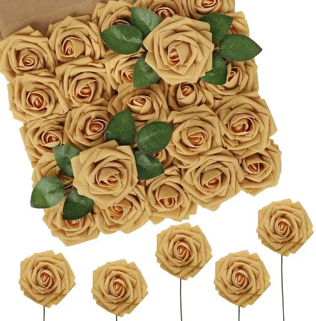Main image of N&T NIETING Artificial Flowers 50pcs Real Looking Gold Yellow Foam Fake Roses with Stems for DIY Wedding Bouquets White Bridal Shower Centerpieces Arrangements Party Tables Decorations