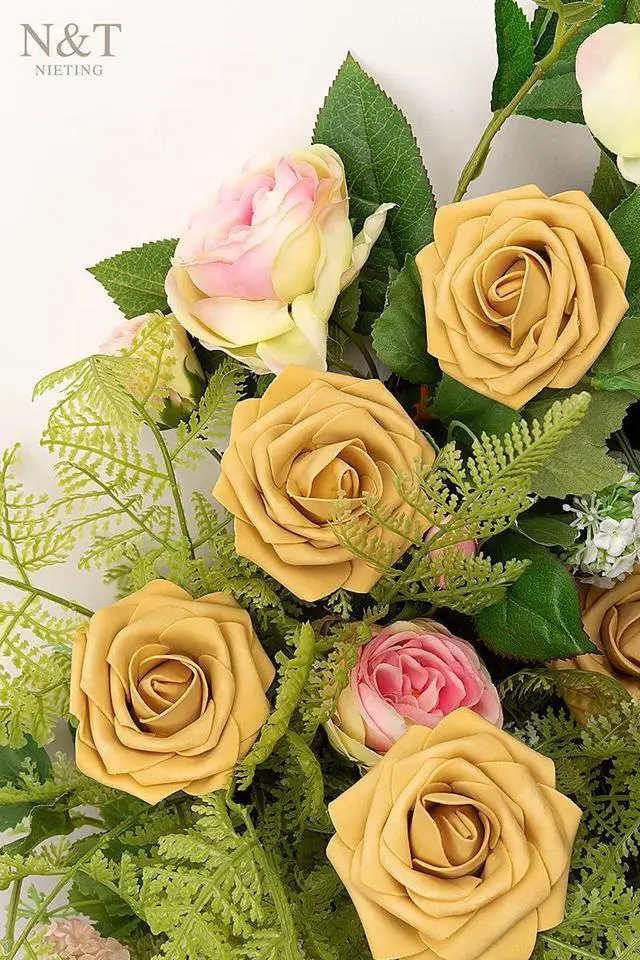 Alt view image 4 of 7 - N&T NIETING Artificial Flowers 50pcs Real Looking Gold Yellow Foam Fake Roses with Stems for DIY Wedding Bouquets White Bridal Shower Centerpieces Arrangements Party Tables Decorations