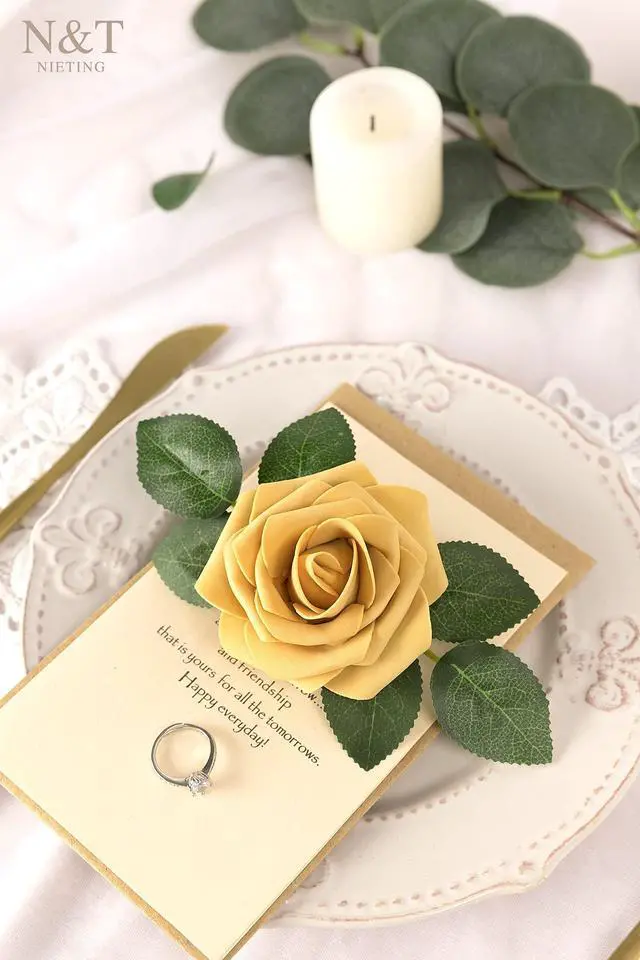 Alt view image 5 of 7 - N&T NIETING Artificial Flowers 50pcs Real Looking Gold Yellow Foam Fake Roses with Stems for DIY Wedding Bouquets White Bridal Shower Centerpieces Arrangements Party Tables Decorations