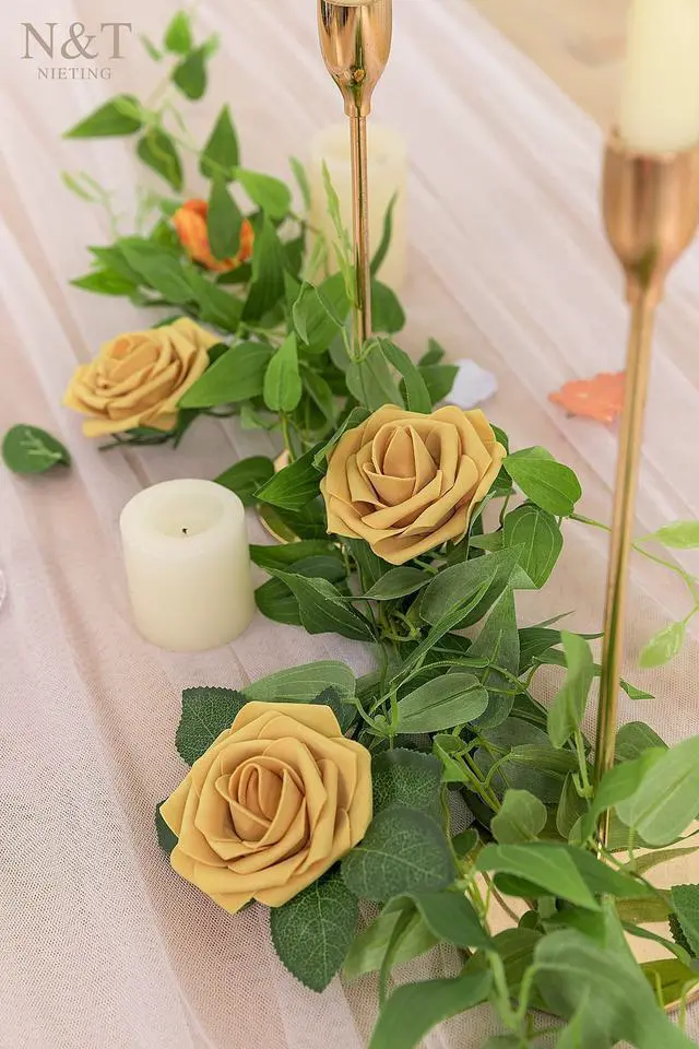 Alt view image 6 of 7 - N&T NIETING Artificial Flowers 50pcs Real Looking Gold Yellow Foam Fake Roses with Stems for DIY Wedding Bouquets White Bridal Shower Centerpieces Arrangements Party Tables Decorations