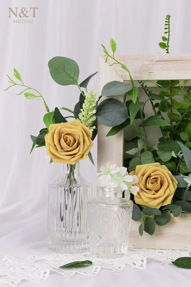 Alt view image 7 of 7 - N&T NIETING Artificial Flowers 50pcs Real Looking Gold Yellow Foam Fake Roses with Stems for DIY Wedding Bouquets White Bridal Shower Centerpieces Arrangements Party Tables Decorations