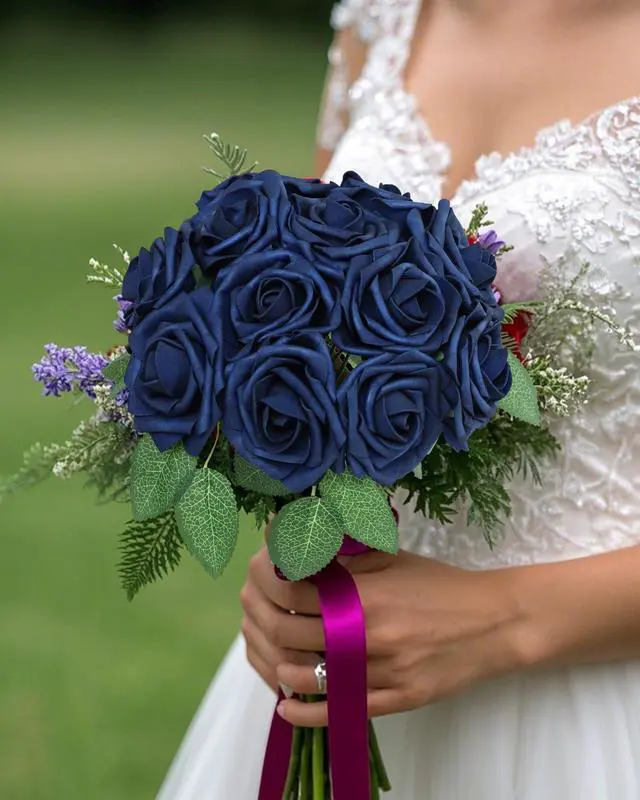 Alt view image 2 of 6 - DuHouse 50Pcs Artificial Roses Flowers Fake Roses with Stems Real Touch Foam Flowers for DIY Wedding Bouquet Baby Shower Centerpiece Floral Arrangement Party Home Decor(Navy Blue)