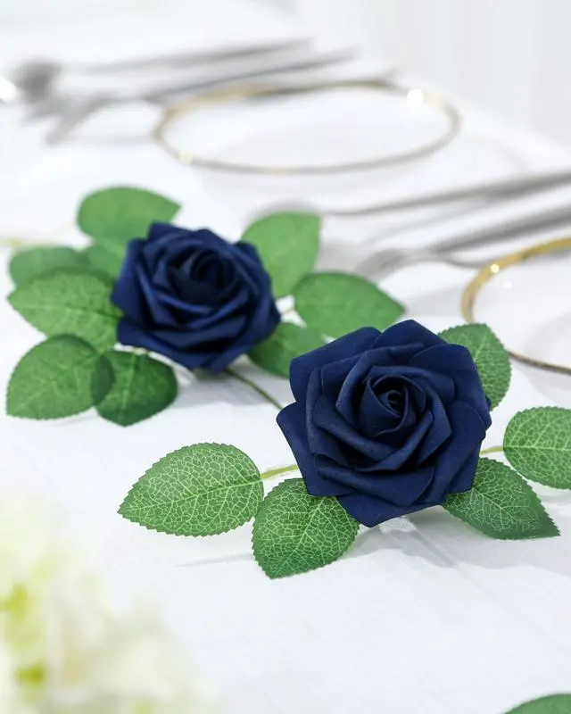 Alt view image 5 of 6 - DuHouse 50Pcs Artificial Roses Flowers Fake Roses with Stems Real Touch Foam Flowers for DIY Wedding Bouquet Baby Shower Centerpiece Floral Arrangement Party Home Decor(Navy Blue)