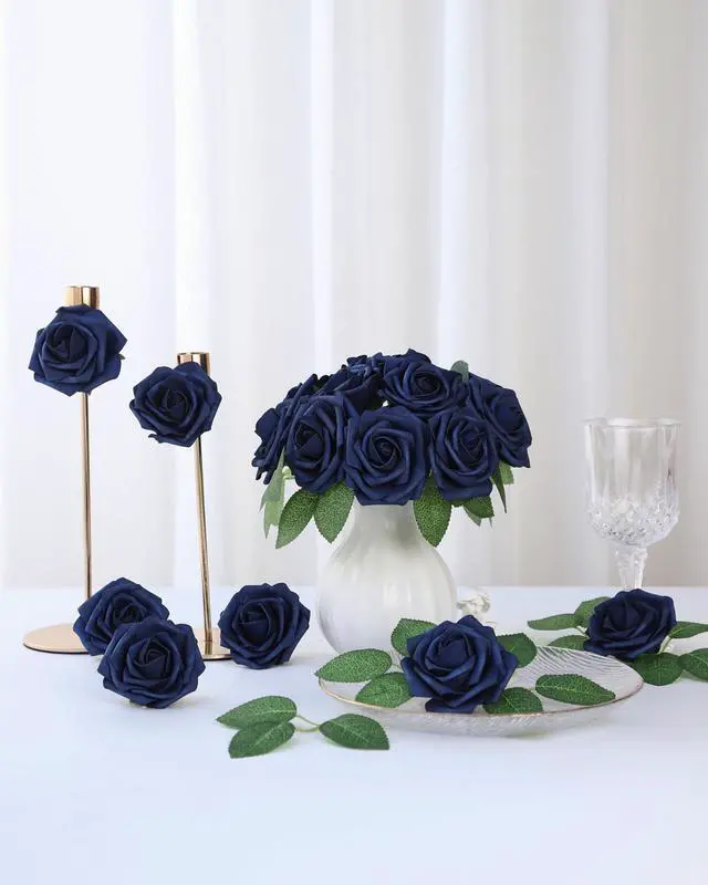 Alt view image 6 of 6 - DuHouse 50Pcs Artificial Roses Flowers Fake Roses with Stems Real Touch Foam Flowers for DIY Wedding Bouquet Baby Shower Centerpiece Floral Arrangement Party Home Decor(Navy Blue)