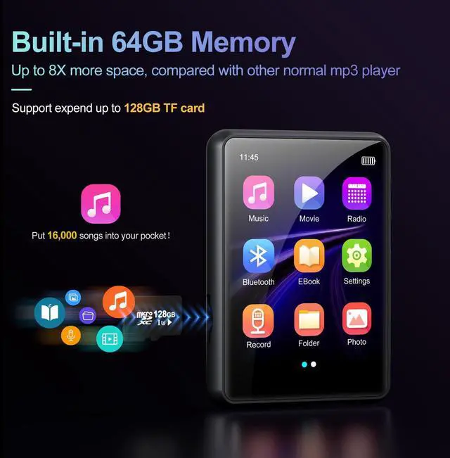 Alt view image 3 of 7 - MP3 Player with Bluetooth 5.3, Portable HiFi Lossless Sound Music Player with Speaker, Built-in 64GB Memory, FM Radio, Voice Recorder, E-Book, 2.4 in Full Touchscreen, Supports up to 128GB TF Card