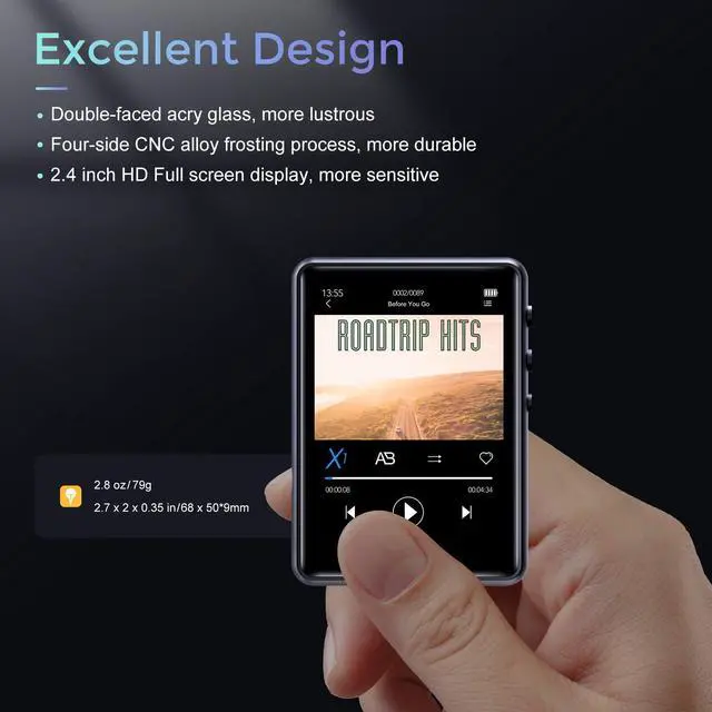 Alt view image 7 of 7 - MP3 Player with Bluetooth 5.3, Portable HiFi Lossless Sound Music Player with Speaker, Built-in 64GB Memory, FM Radio, Voice Recorder, E-Book, 2.4 in Full Touchscreen, Supports up to 128GB TF Card