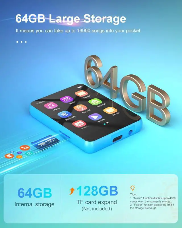 Alt view image 2 of 7 - 64GB 2.4" Full Touch Screen MP3 Player with Bluetooth 5.3, Portable HiFi Sound Quality Music Player with Speaker, FM Radio, Line-in Voice Recorder, E-Book, Headphones Included, Max 128GB Expandable