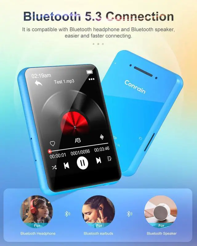 Alt view image 3 of 7 - 64GB 2.4" Full Touch Screen MP3 Player with Bluetooth 5.3, Portable HiFi Sound Quality Music Player with Speaker, FM Radio, Line-in Voice Recorder, E-Book, Headphones Included, Max 128GB Expandable