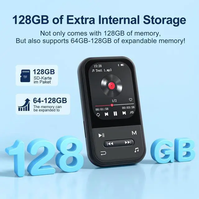 Alt view image 4 of 7 - 128GB MP3 Player - Clip MP3 Player with Bluetooth 5.3, Portable Music Player with FM Radio, Voice Recorder, Pedometer, Mini Design Ideal for Sport, Earphones Included