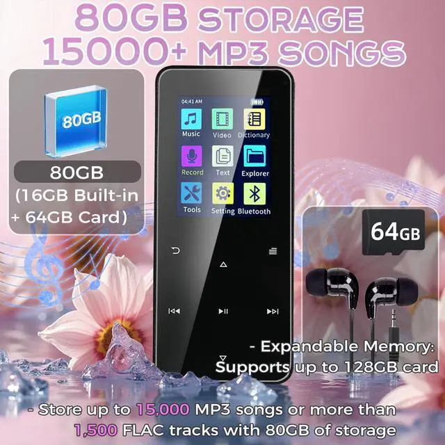 Alt view image 3 of 7 - 80GB MP3 Player with Bluetooth Portable HiFi Music Player with HD Speaker, Lossless Sound, FM Radio, Voice Recorder, Touch Buttons, E-Book (Earphones & 16GB + 64GB Card Included, No WiFi)