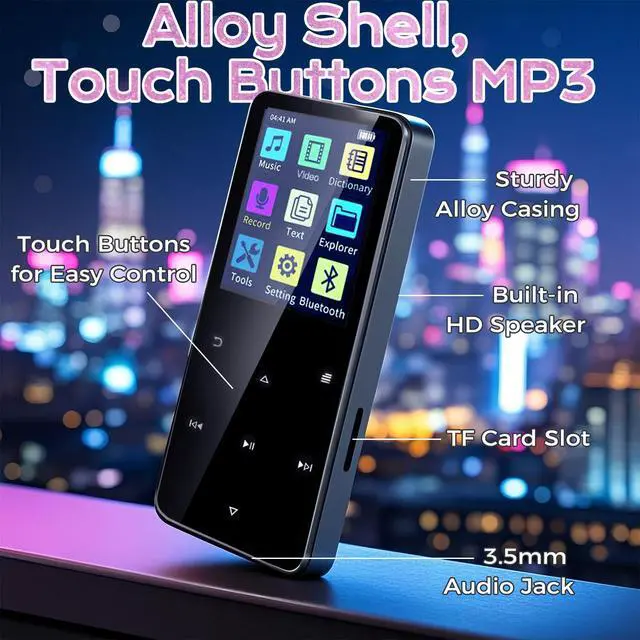 Alt view image 4 of 7 - 80GB MP3 Player with Bluetooth Portable HiFi Music Player with HD Speaker, Lossless Sound, FM Radio, Voice Recorder, Touch Buttons, E-Book (Earphones & 16GB + 64GB Card Included, No WiFi)