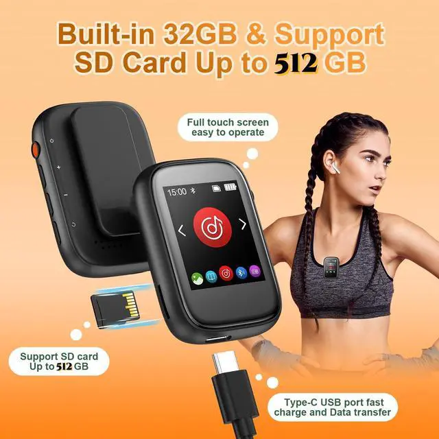 Alt view image 4 of 7 - Portable Kids MP3 Player with Sports Clip, Small Music Player with Bluetooth 5.3, Touch Screen, Built-in Speaker, Voice Recorder, FM Radio, Expandable Storage up to 512GB(Black)