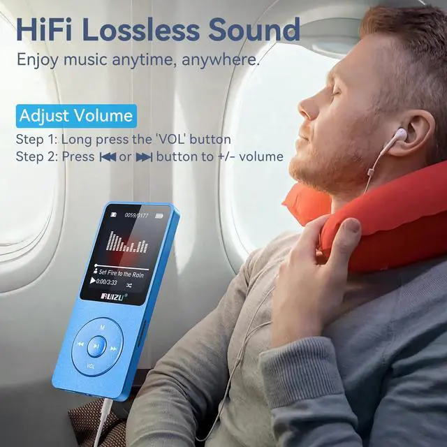 Alt view image 7 of 7 - 64GB MP3 Player with Bluetooth 5.3, Weight 0.055 lbs, Portable Music Player for Kids, Sports, FM Radio, Voice Recorder, 80 Hours Digital Audio Shuffle Playback, Support 128GB Micro SD Card, Blue