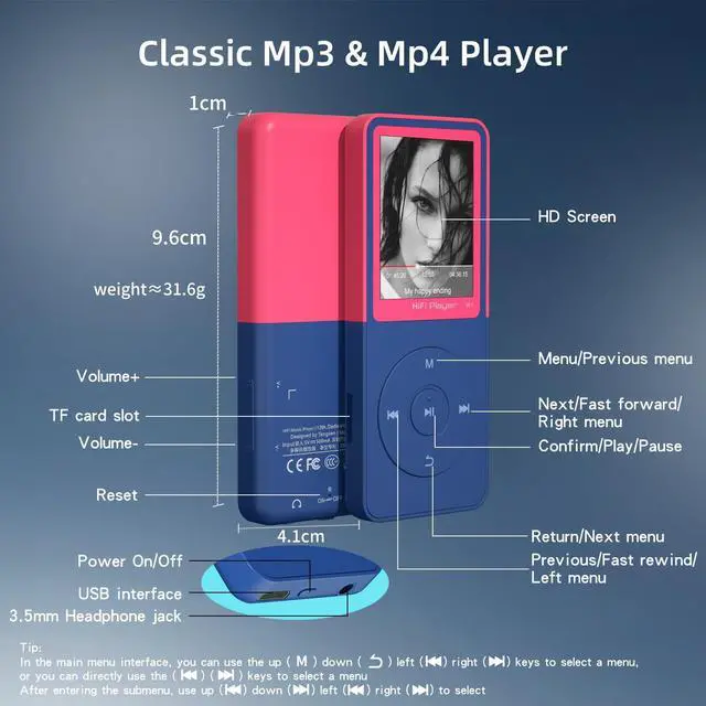 Alt view image 7 of 7 - Mp3 Player with Bluetooth,Classic Portable Mp3 & Mp4 Players,HiFi Sound Music Player with SD Card Slot/Photo Viewe/Video Play/FM Radio/Recorder/E-Book for Kids,Long Battery Life Red 32GB