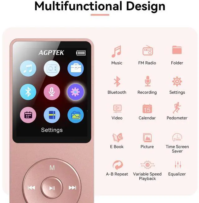 Alt view image 4 of 7 - AGPTEK A02 MP3 Player with Bluetooth 5.3, 1.8 inch Screen Portable Music Player with Speaker, FM Radio, Voice Recorder, Supports Expanded Up to 128GB(Rose Gold, 32GB)